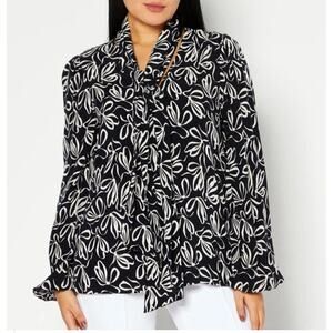 Ted Baker Caarina Tie Neck Bow Long Sleeve Shirt Blouse Black Women's Size 1X